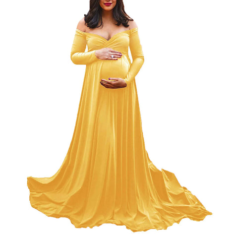 Womens Maternity Dress Sexy Off Shoulders Long Sleeve Photography Pregnants Dresses Solid Color Princess Dress Photo Props