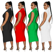 Women Draped Deep V-neck Sleeveless Bodycon Bandage Midi Dress 2023 Fashion Street Vestidos Sexy Party Evening Dresses