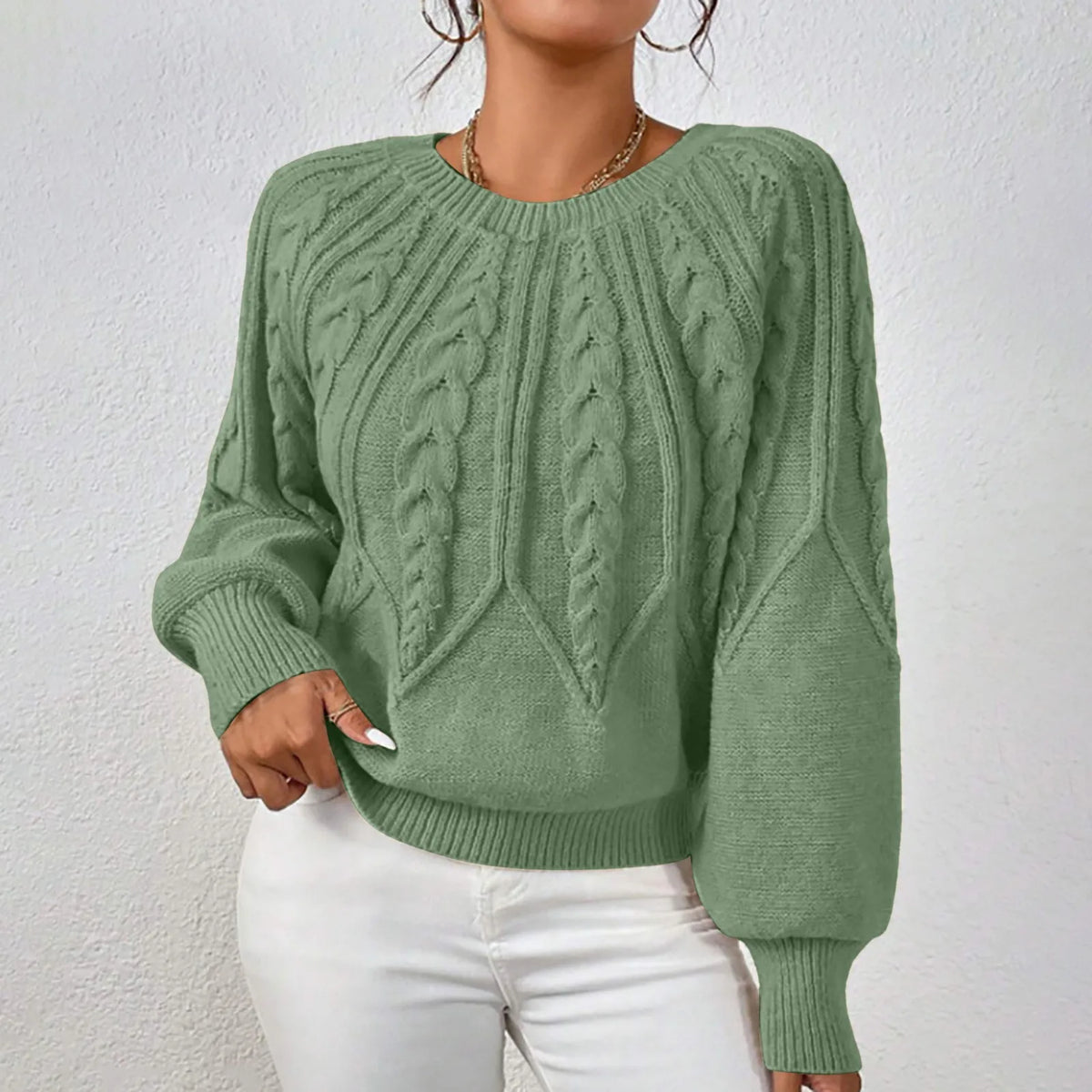 Cable Knit Puff Sleeve Crewneck Sweater – view 18 of 20