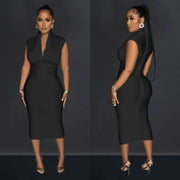 Women Draped Deep V-neck Sleeveless Bodycon Bandage Midi Dress 2023 Fashion Street Vestidos Sexy Party Evening Dresses