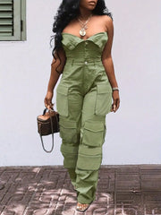 Solid Color Casual Overalls Jumpsuit, Sexy Straight Tube Tube Top Long Jumpsuit, With Pockets, Women's Wear