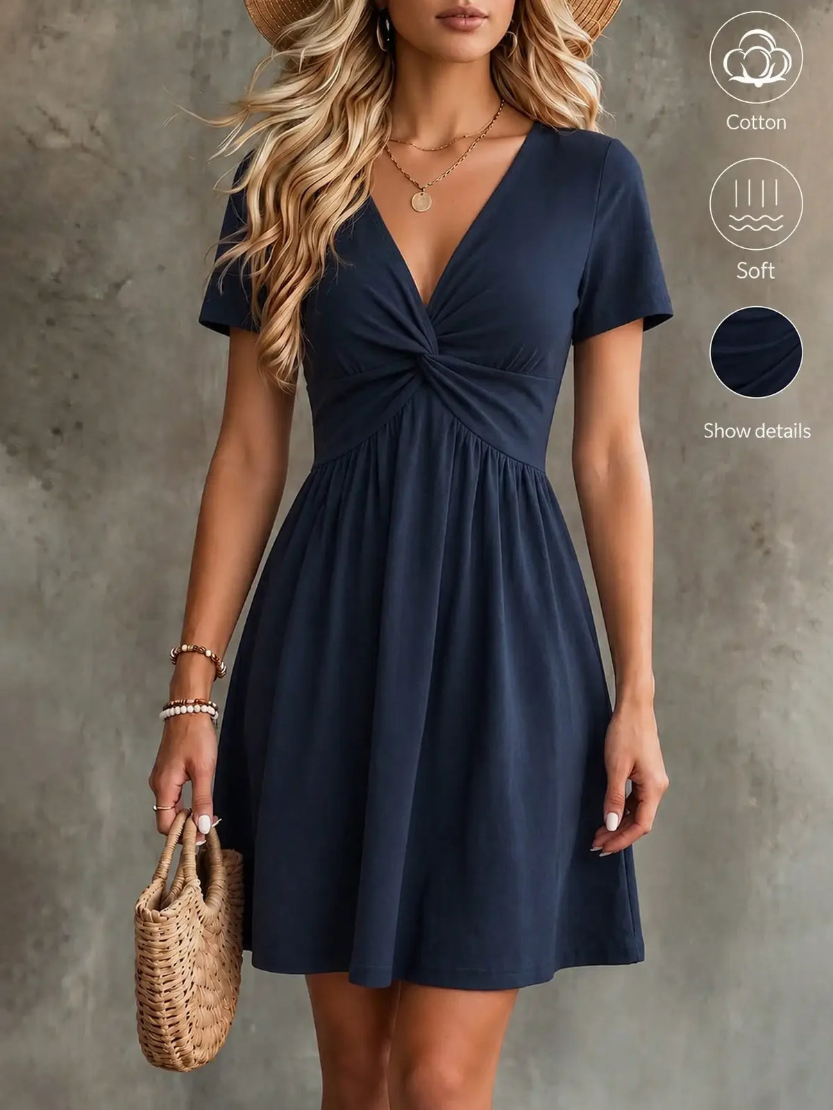Twist-Front V-Neck Short Sleeve Dress – main view