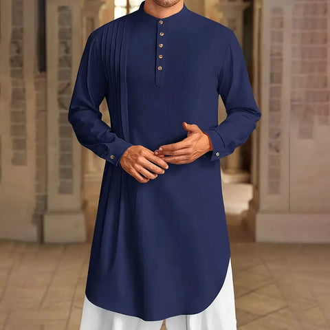 Men'S Buttoned Cotton Linen Shirt Muslim Robe Kurtas For Men Muslim Shirt Stand Collar Long Sleeve Islamic Arab Kaftan Punjabi