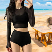 Bikini Sets For Women 3Pcs Soft Swimsuits Bikini Set With Sun Protection Blouse Elastic Comfort Polyester Swimwear For Honeymoon
