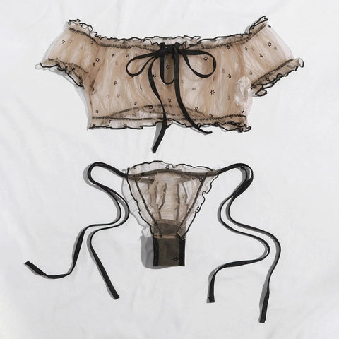 Women Sexy Strapless Sleepwear Two Piece Set One Shoulder Neckline Tulle Bowknot Lace Underwear High Waist Side Ties Thong Set
