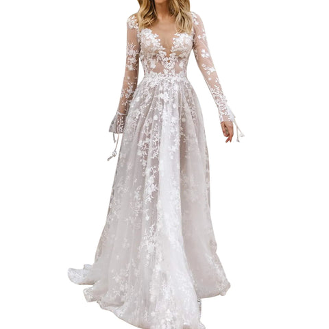 Luxury Dresses Women 2024 Ladies Spring Summer Sexy Deep V Lace Mesh Long Sleeve Dress Wedding Dress Dress Vestidos En Oferta