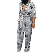 Women's Sexy Cardigan Shirt Neck Tie Long Sleeve Plus Size Jumpsuit Casual One Piece Pants Newspaper Print Harajuku Jumpsuit