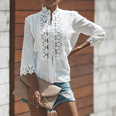 2022 Spring Summer Casual Blouse Women Top And Blouse Lace Crochet Half Sleeve Shirts Elegant Ladies V-Neck Loose Boho Blouse