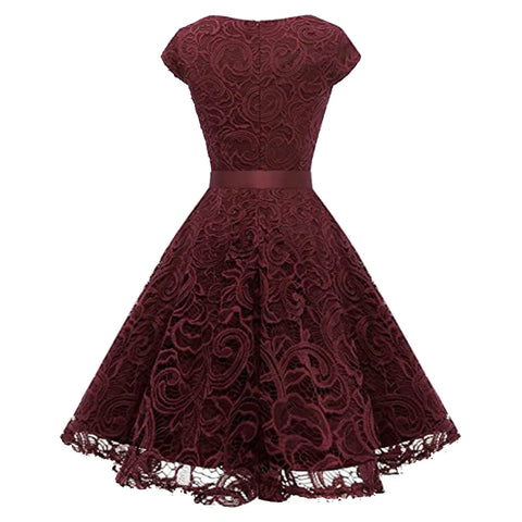 Women's Lace Party Dress Summer Short Sleeve O Neck Swing High Waist Bridesmaid Dress Bow Tie Formal Cocktail Swing A Line Dress