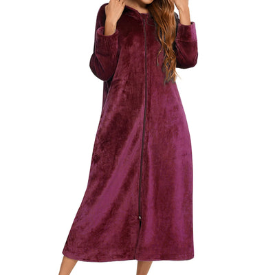 Winter Long Fleece Bathrobes Sleepwear Women's New Solid Color Zipper Bath Robe Dressing Gown Autumn Warm Hooded Home Wear