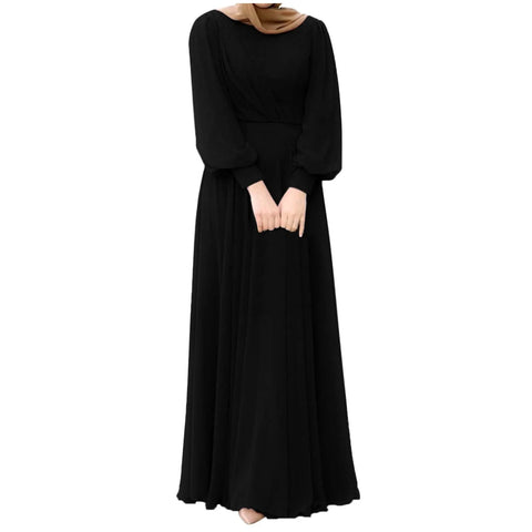Elegant Abaya Dubai Muslim Women's Maxi Dress Solid Color Puff Sleeve Casual Pleated Temperament Dress Turkey Islamic Clothing