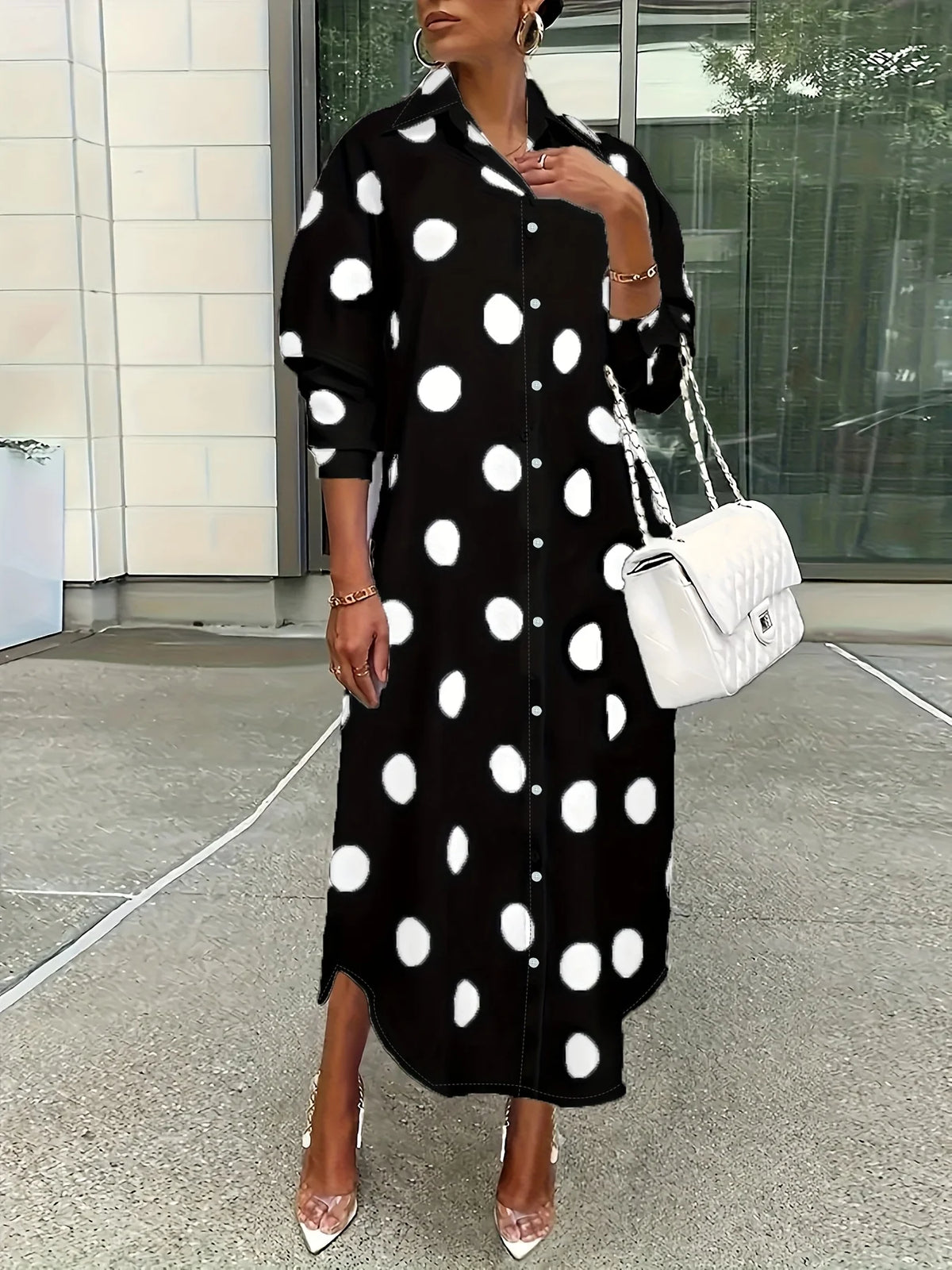 Polka Dot Button-Down Shirt Dress (Plus Size) – main view