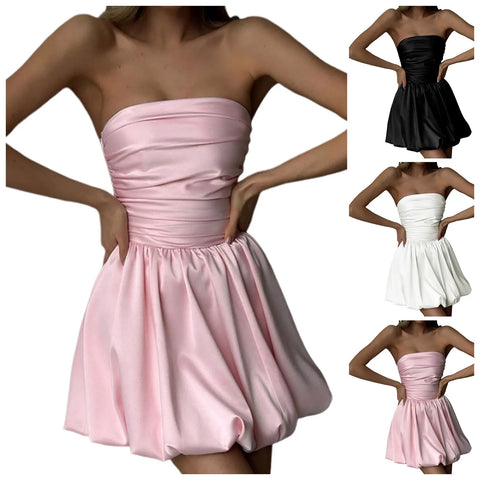 Charm Satin Dress For Women Puffy Spaghetti Strap Ruched Bubble Dresses Elastic Plus Size Vestidos Evening Party Chic Clothes