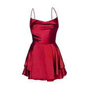 Women Suspender Satin Halter Dress Sexy Backless Ruffled Red Skirt Summer Evening Party Dresses Elegant Lady A-Line Vestidos