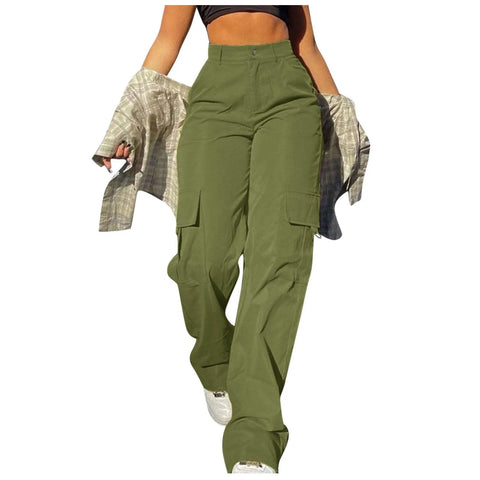 Women's Loose Cargo Pants High Waist Wide Leg Solid Color Full Length Trousers with Pockets Casual All Seasons Long Pants