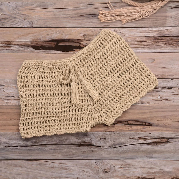 Women's Summer Solid Color Handwoven Crochet Bikini  Shorts Beach Swimming Pants Stretchable Strap Hollow Flat Corner Pants