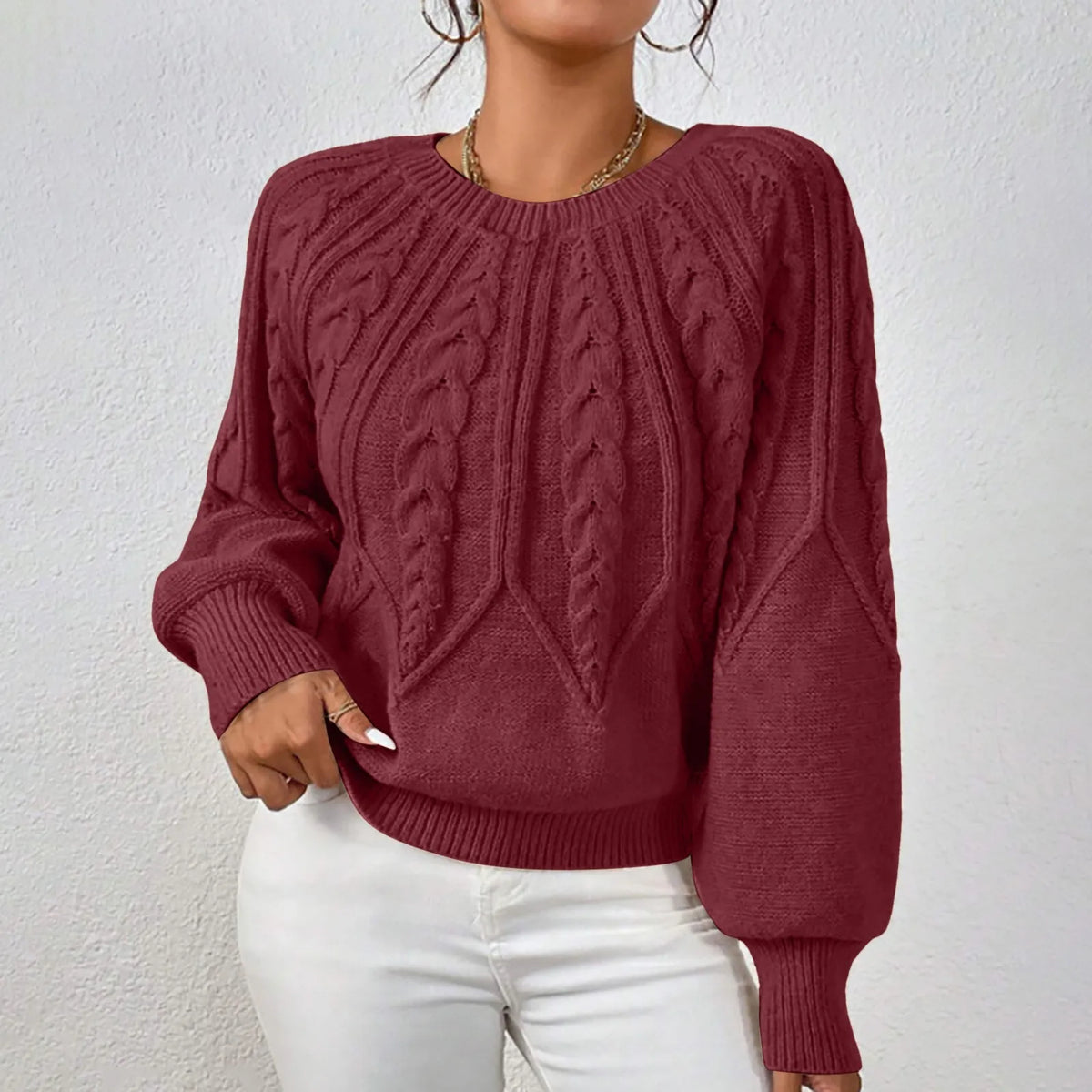 Cable Knit Puff Sleeve Crewneck Sweater – view 15 of 20