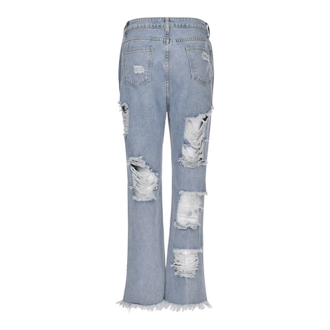 Fashion Streetwear Holes Jeans Women Summer New Mid High Waist Distressed Ripped Denim Pants Stylish American Style Jeans Pants