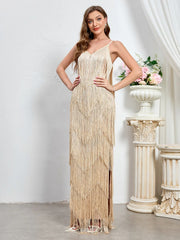 Celebrity Dresses Women Sexy Backless Tassels Dress V-neck Sling Gown High Waisted Slim Maxi Dresses New Chic Lady Party Evening