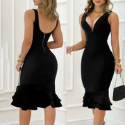 Women's Deep V-Neck Sleeveless Dress, Backless, Ruffled, Monochromatic, Hip-Hugging, Sexy, Fashionable, 2024
