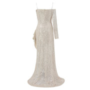 Elegant Sparkly Sequins Dresses Women 2023 Fashion Mermaid Slash Neck One Shoulder Wedding Prom Dress Slim Split Evening Dress