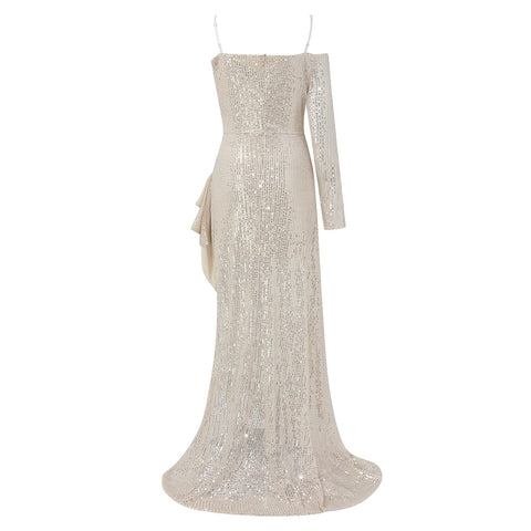 Elegant Sparkly Sequins Dresses Women 2023 Fashion Mermaid Slash Neck One Shoulder Wedding Prom Dress Slim Split Evening Dress