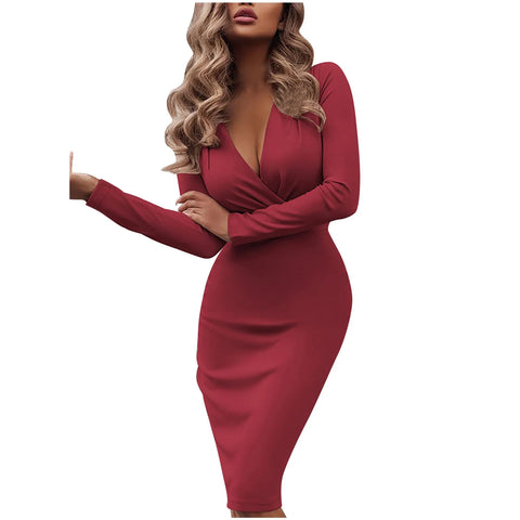 Evening Dress for Women Sexy Deep V Neck Long Sleeve Solid Bodycon Midi Dress Luxury Autumn Elegant Office Work Dresses