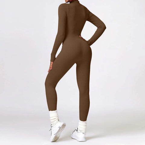 Women's Seamless Yoga Jumpsuit Long Sleeve Bodycon Playsuit Streetwear Tight Skinny Overalls Zip Up Fitness Jumpsuits For Women