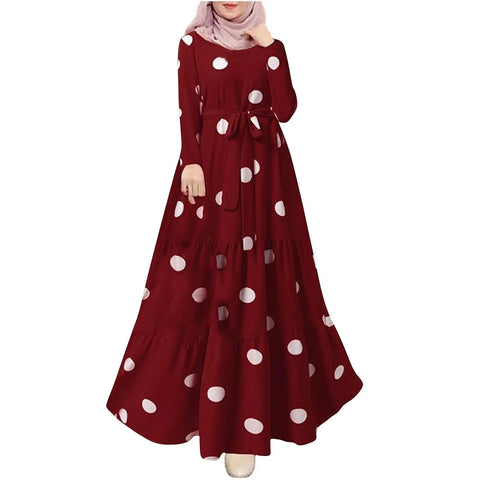 2025 Women Spring Muslim Dress Elegant Casual Loose Abaya Kaftan Sundress Long Sleeved Polka Dots Printed O-neck Maxi Robe