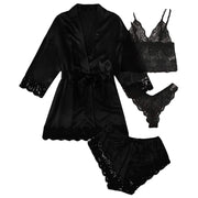 Women' Silk Satin Pajamas Set 4pcs Lingerie Floral Lace Sleepwear With Robe Nightgown Long