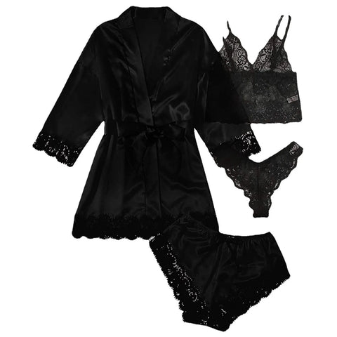 Women' Silk Satin Pajamas Set 4pcs Lingerie Floral Lace Sleepwear With Robe Nightgown Long