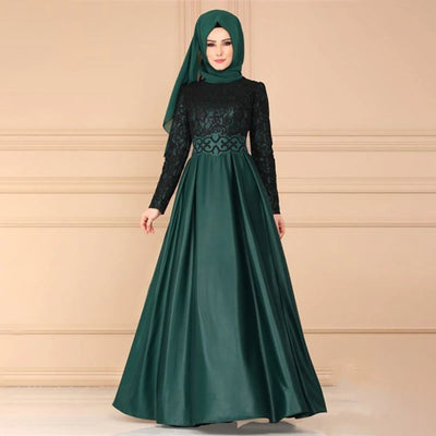 Ethnic Style Muslim Maxi Robe Women Lace Spliced Long Sleeved Elegant Temperamental High Waist Saudi Arabia Muslim Maxi Dress