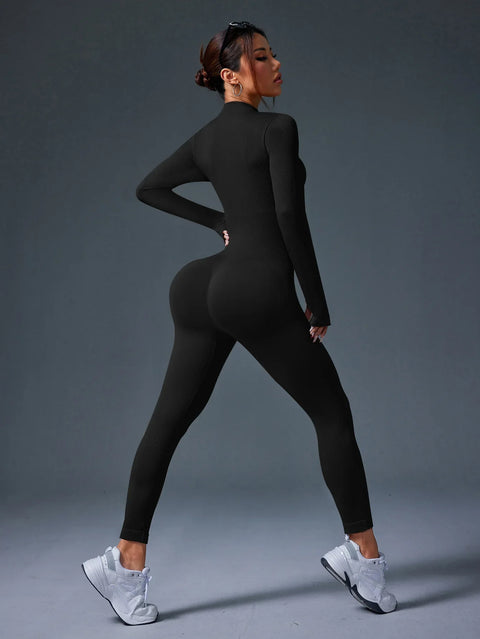 Half Zip Jumpsuit Women Gym Bodysuit Long Sleeve Activewear Set Running Workout Romper Fitness Overalls Sportswear Yoga Clothes