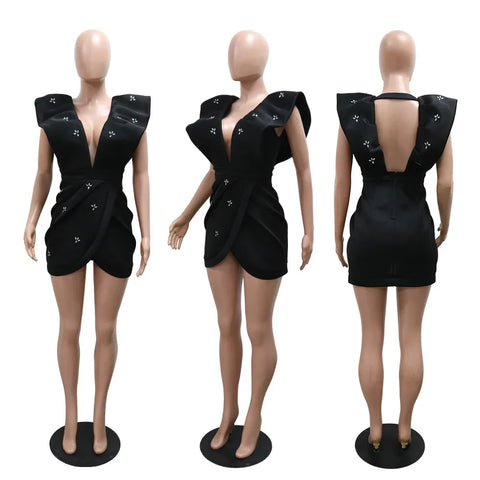 Women V-neck Petal Sleeveless Mini Dress Diamonds Ruched Bodycon Dresses Sexy Night Party Vestidos Fashion Evening