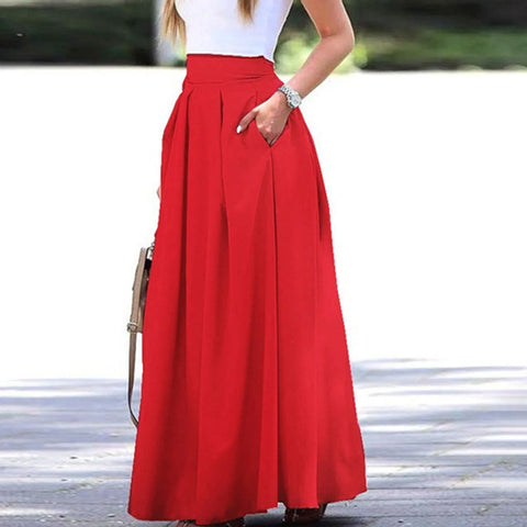 Spring Summer Office Lady Pleated Skirt Women High Waist A Line Floor Length Skirt Faldas With Pockets Solid Baggy Maxi Skirt