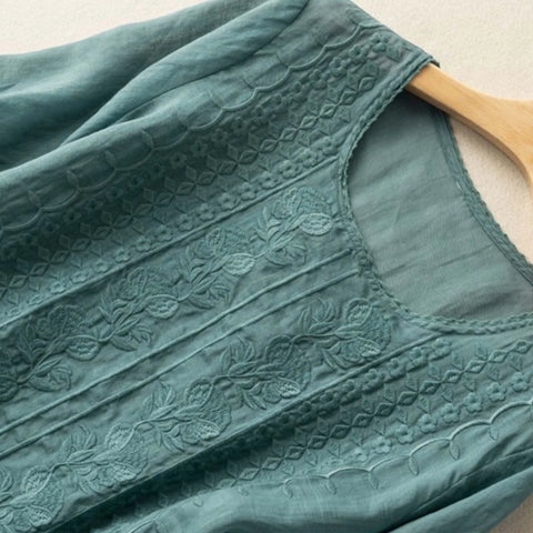 Cotton Linen Blended Summer Blouse Women Embroidered Floral Thin Long Sleeve Blouses Round Neck Loose Female Top