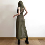 Trendy Hooded Sleeveless Long Dress Korean Style Ladies Lace Up Bodycon Sexy Split Dress Gothic Hip Hop Grunge Maxi Dress