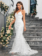 Ladies Dresses Sleeveless Camisole V-neck Sequined Mermaid White Wedding Dress Backless Lace Floor Length Evening Women Gown
