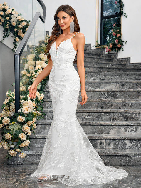Ladies Dresses Sleeveless Camisole V-neck Sequined Mermaid White Wedding Dress Backless Lace Floor Length Evening Women Gown