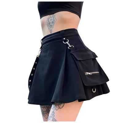 Women Gothic Skirt High Waist Punk Streetwear Streamer A-Line Skirt Nightclub Sexy Irregular Belted Black Faldas Pleated Skirt