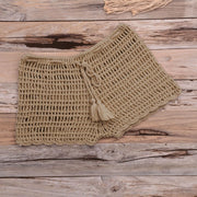 Women's Summer Solid Color Handwoven Crochet Bikini  Shorts Beach Swimming Pants Stretchable Strap Hollow Flat Corner Pants