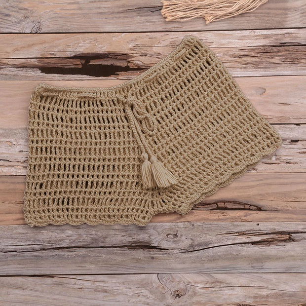 Women's Summer Solid Color Handwoven Crochet Bikini  Shorts Beach Swimming Pants Stretchable Strap Hollow Flat Corner Pants