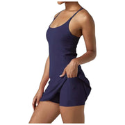 Women Workout Tennis Dress With Built In Bra Shorts Summer Fashion White Flare Sleeve Dress Casual Hollow Out Party A-Line Dress