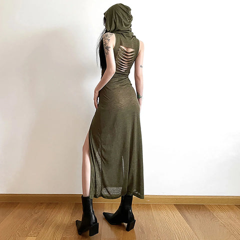 Trendy Hooded Sleeveless Long Dress Korean Style Ladies Lace Up Bodycon Sexy Split Dress Gothic Hip Hop Grunge Maxi Dress