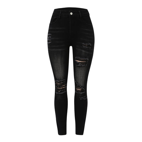 New In Women Fashion Mid Waist Ripped Hole Jeans Casual High Street Denim Pants Sexy Frayed Slim Fit Pencil Pants for Women