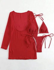 2025 Beach Skirt Swimsuit Women White Three-Piece Bikini Sexy Mesh Long Sleeve Hollow Out Bathing Suit Swimwear Summer Beachwear