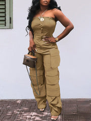 Solid Color Casual Overalls Jumpsuit, Sexy Straight Tube Tube Top Long Jumpsuit, With Pockets, Women's Wear