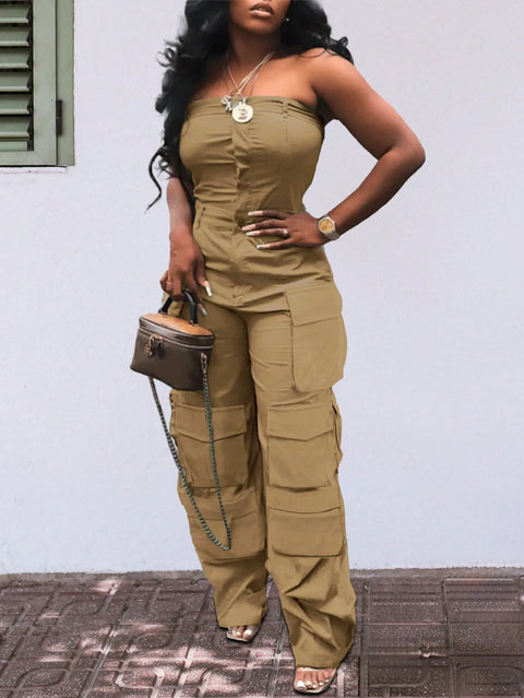 Solid Color Casual Overalls Jumpsuit, Sexy Straight Tube Tube Top Long Jumpsuit, With Pockets, Women's Wear
