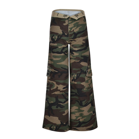 Jeans Women Camouflage Printed High Waist Grunge Floor Length Denim Trousers Double Layer Baggy Parachute Aesthetic Cargo Pants