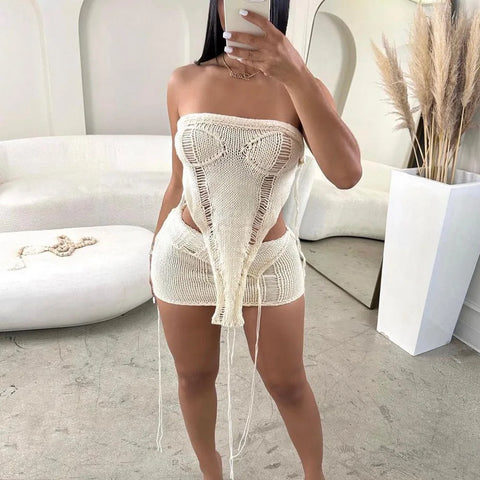 Echoine Irregular RibbonStrapless Crop Top and Mini Skirt Summer Knit Hollow Out See Through Matching Set  Two Piece Set Outfits